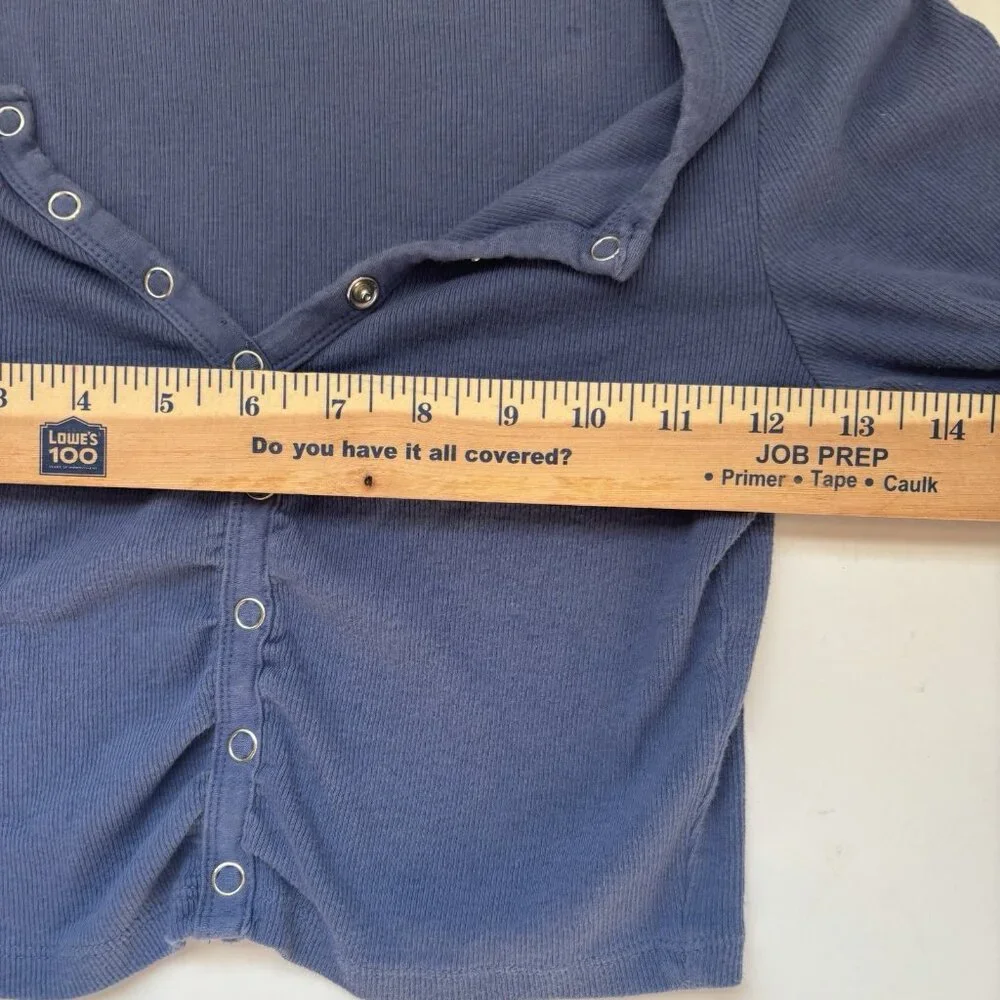 Y2K PAC Sun Blue Ribbed Snap Button Long Sleeve Crop Top Henley Shirt Sz Small